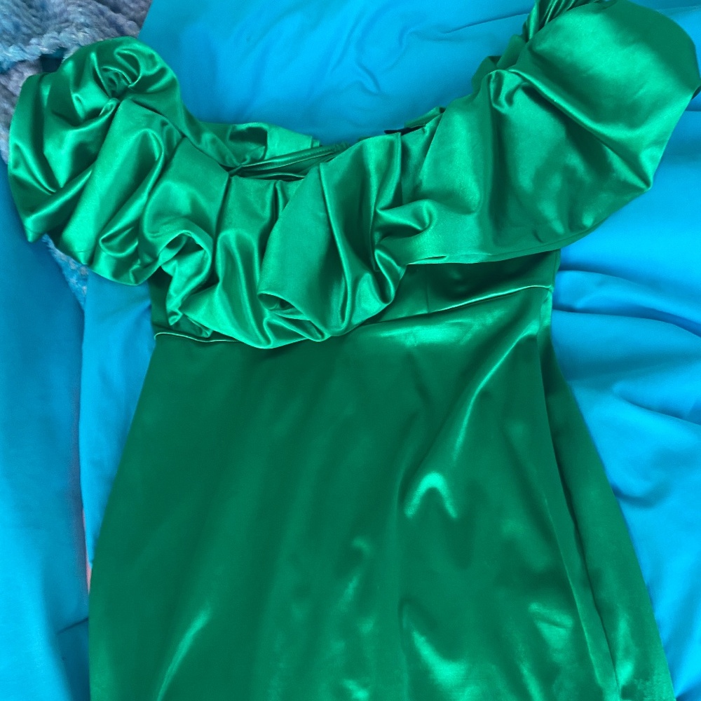 Green satin off the shoulder mini dress